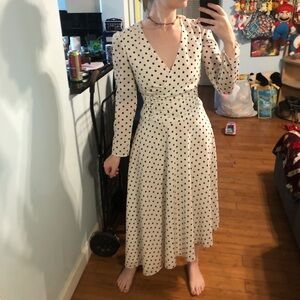 “Bruna” White polka dot asymmetrical maxi dress with tie waist